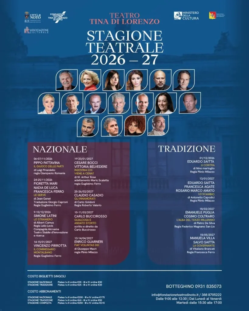 Stagione Teatrale 2026/27 al Teatro Tina Di Lorenzo di Noto