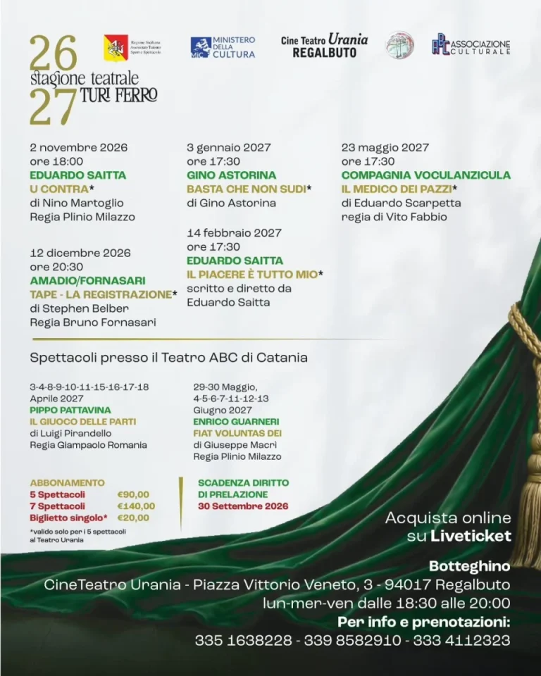 Stagione Teatrale Turi Ferro 2026/27 al Cine Teatro Urania di Regalbuto